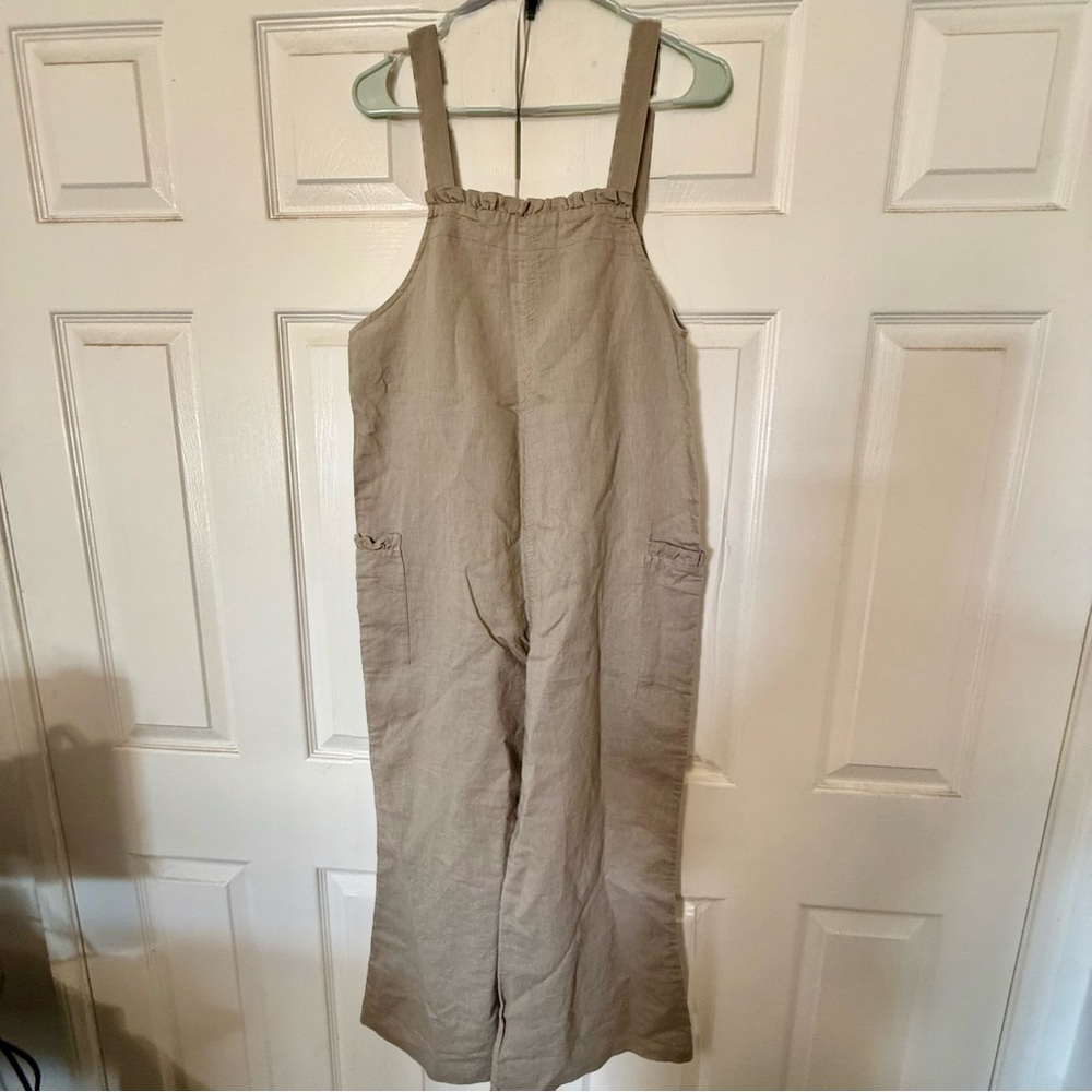 100% Linen light tan/ Sand colored Women's Cropped Wide Leg Jumpsuit Medium Boho - Picture 9 of 10